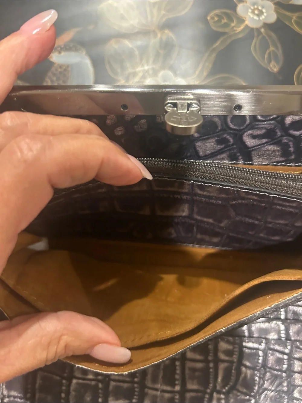 Patricia Nash Croc-Embossed black Clutch with Silver Frame